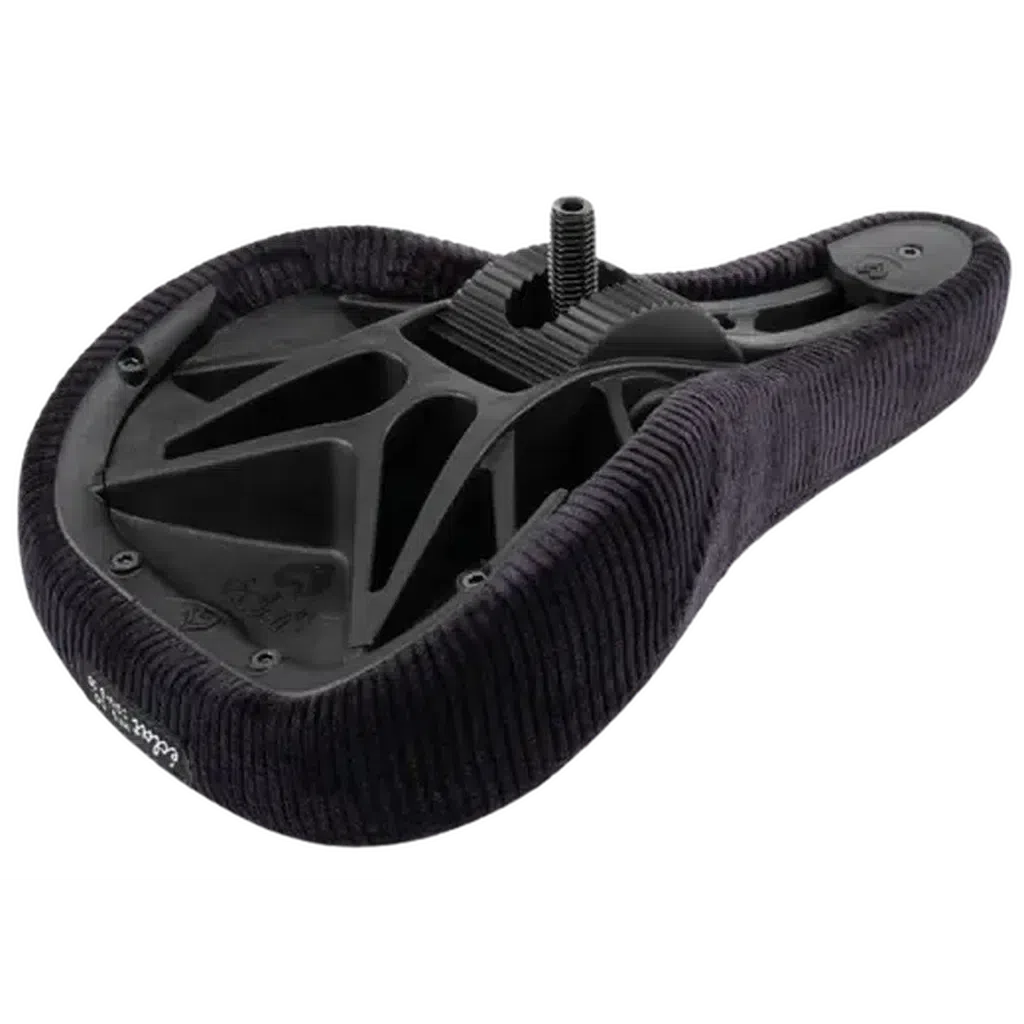 The black Eclat Bios Fat Pivotal Seat has a textured surface, exposed underside with structural supports, and uses Pivotal technology for easy installation via its central mounting bolt.