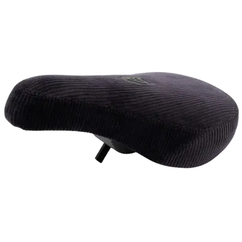 The Eclat Bios Fat Pivotal Seat in black corduroy showcases their logo and features a textured surface with advanced Pivotal technology, ideal for BMX enthusiasts seeking a secure fit.
