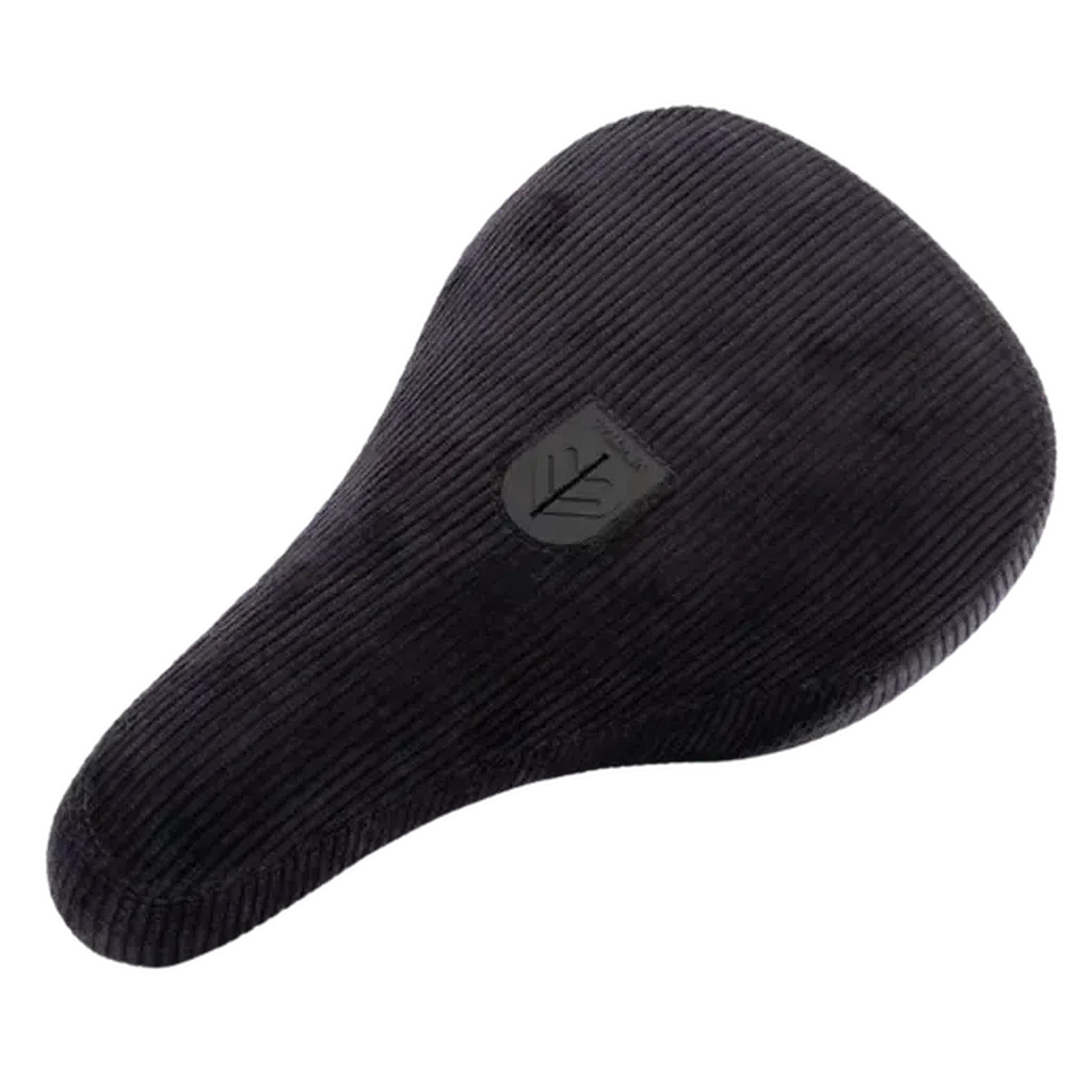 The Eclat Bios Fat Pivotal Seat in black corduroy boasts Pivotal technology and a sleek central logo, perfect for BMX enthusiasts.