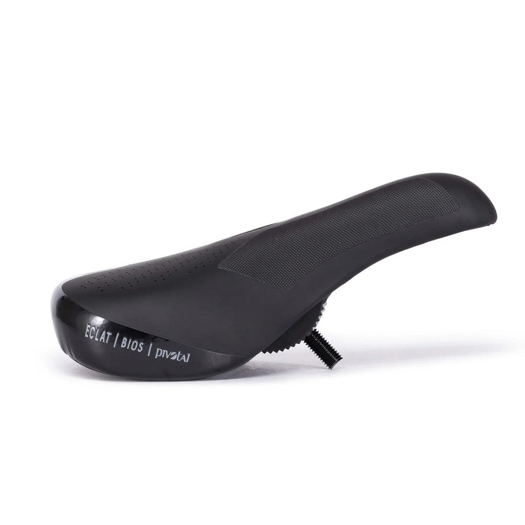 The Eclat Bios Mid Pivotal Seat is a black bicycle saddle with a sleek design and mid padding, featuring a Pivotal seatpost attachment. The underside is labeled with "Eclat | BIOS | Pivotal".