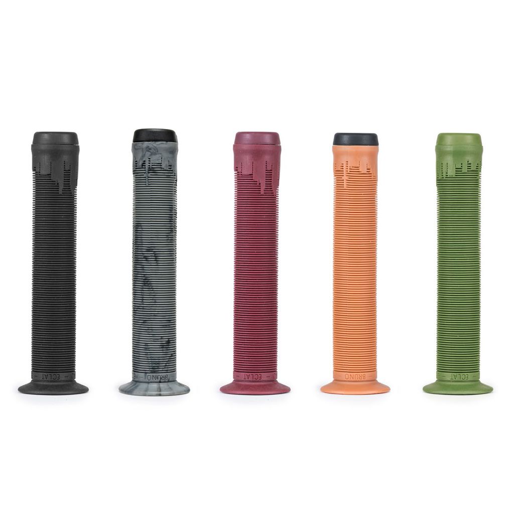 Introducing the all-new Eclat Bruno Grips, inspired by Bruno Hoffman! This set of five bicycle handlebar grips comes in vibrant colors: black, gray, red, orange, and green. Each grip features ribbed textures and a stylish dripping paint design at the top.