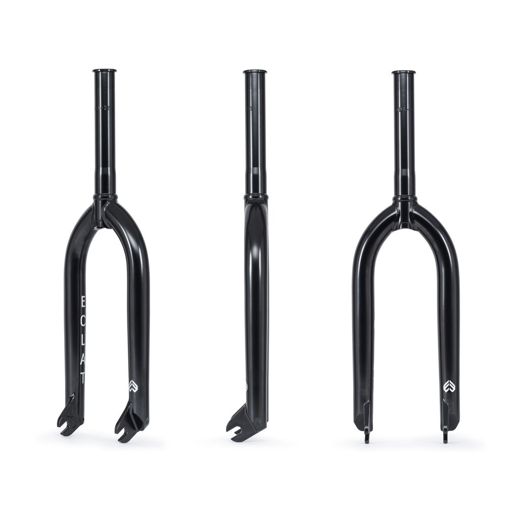 Three perspectives of the Eclat Coda Forks (26mm Offset) are displayed—front, side, and back—highlighting the smooth 4130 chromoly construction and investment cast dropouts on a simple white background.
