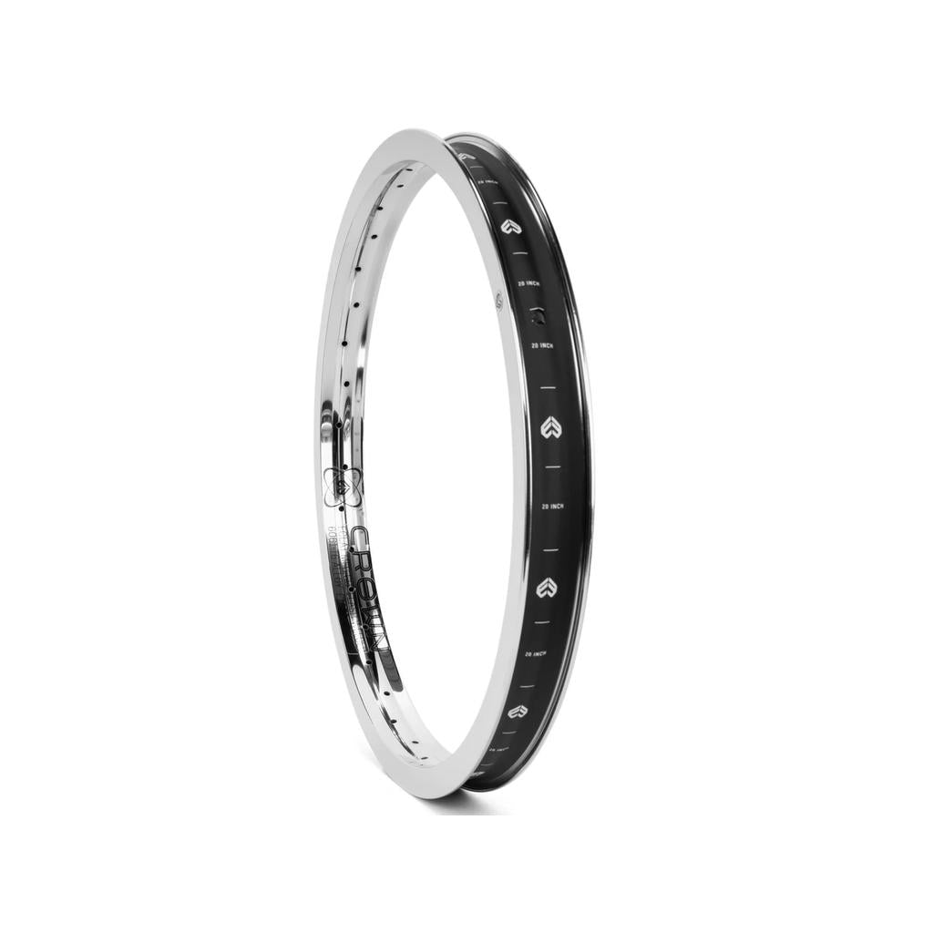 The Eclat Crown Rim, a BMX rim made from 6066-T6 alloy, showcases a sleek silver and black design with branding and measurement markings.