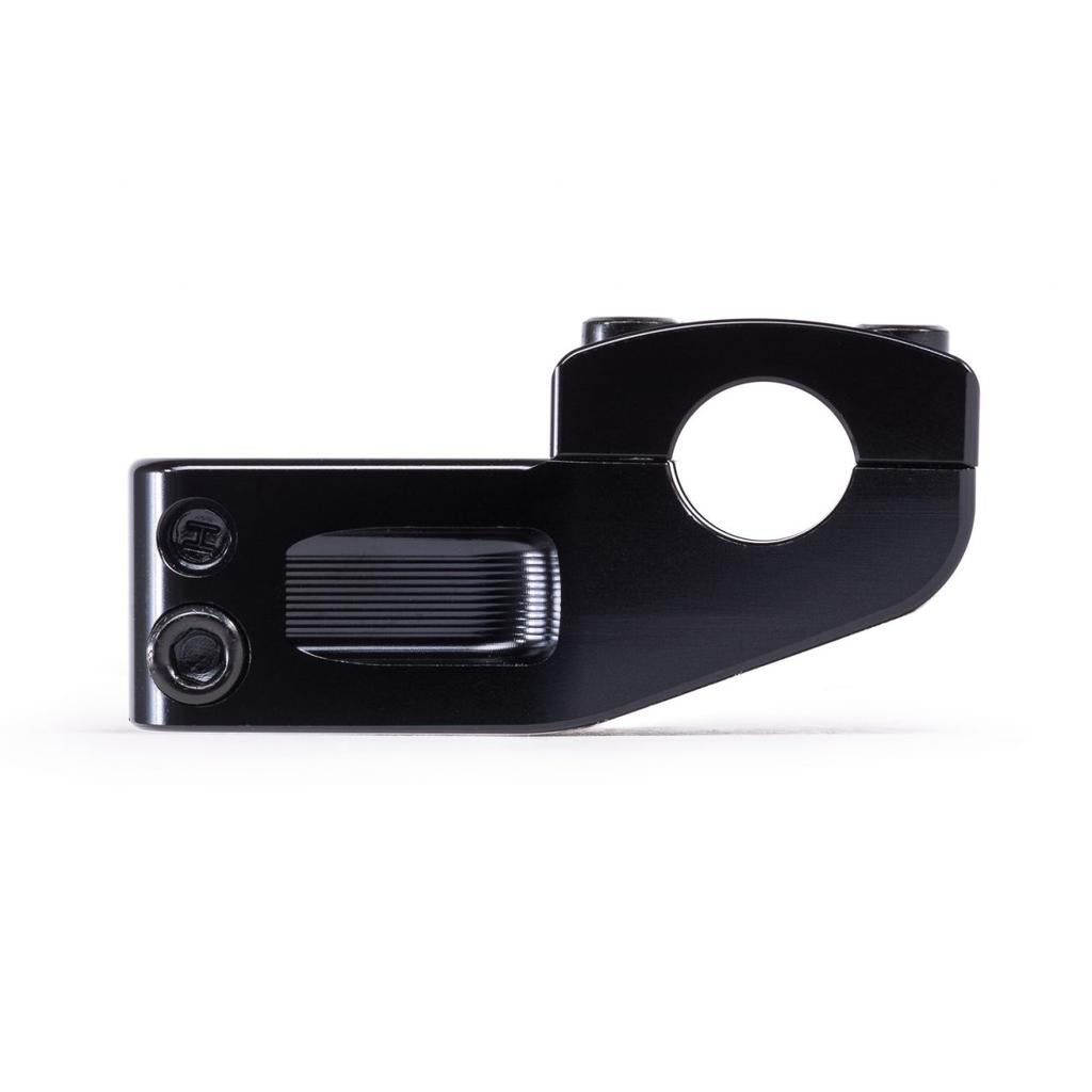 The black Eclat Domain Top Load Stem features a circular opening, two bolt holes, and a textured rectangular section, all enhanced by precise CNC finish.