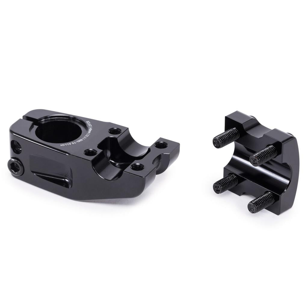 The black Eclat Domain Top Load Stem features a sleek CNC finish, two-piece design with bolt holes for precise assembly, set on a clean white background.