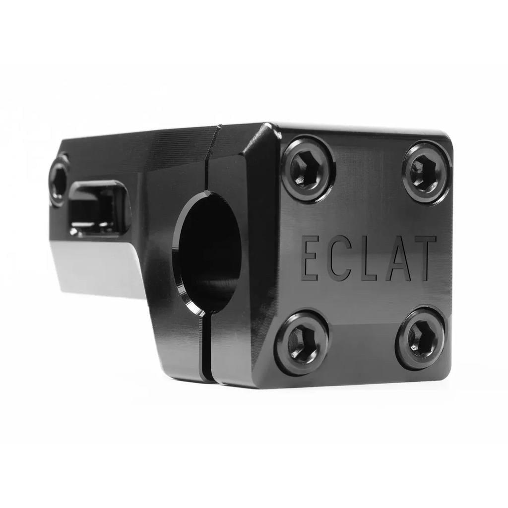 The Eclat Felix Front Load Stem (22.2mm Clamp), a signature piece from Felix Prangenberg, features four bolts on the front plate, a sleek angular design, and the innovative Vice-Jaw clamping system for optimal stability.