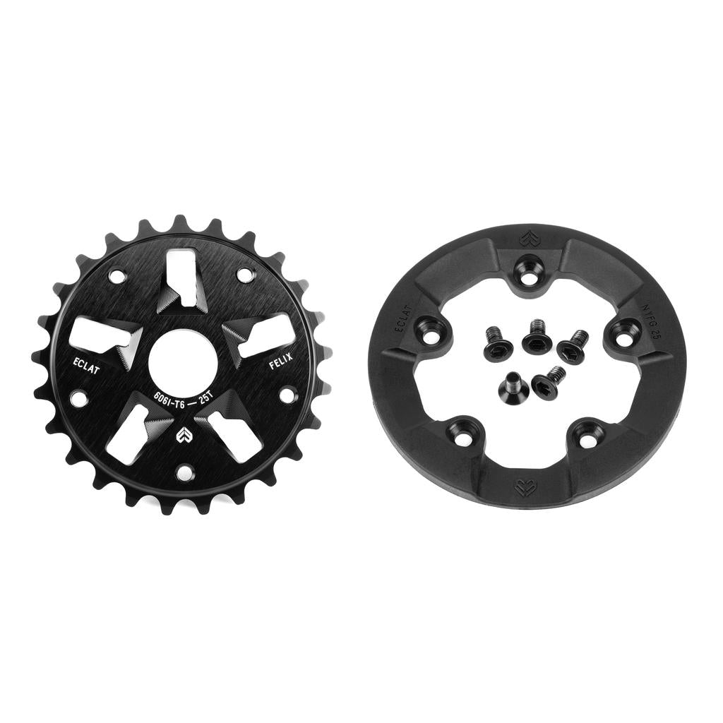 Featuring the Eclat Felix Guard Sprocket with a replaceable nylon-fiberglass guard, this bicycle component includes a CNC alloy sprocket secured by six bolts, all showcased on a pristine white background.
