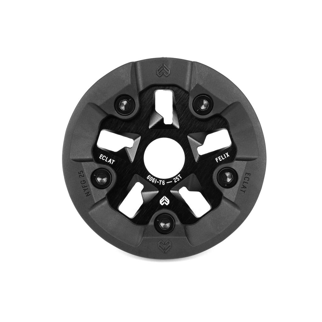 The Eclat Felix Guard Sprocket is a black CNC alloy sprocket with five bolt holes, featuring "Eclat" and "Felix" labels. It has a circular center with a star-shaped cutout, providing style and durability.