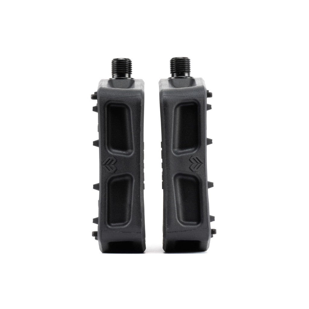 Two black Eclat Juggernaut Pedals are displayed side by side on a white background, capturing the ideal street pedal design for urban cyclists.
