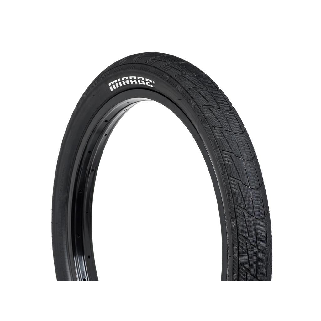 The Eclat Mirage Folding Tyre features a dual compound tread with "MIRAGE" on the black sidewall and a 120tpi casing for an exceptional ride.