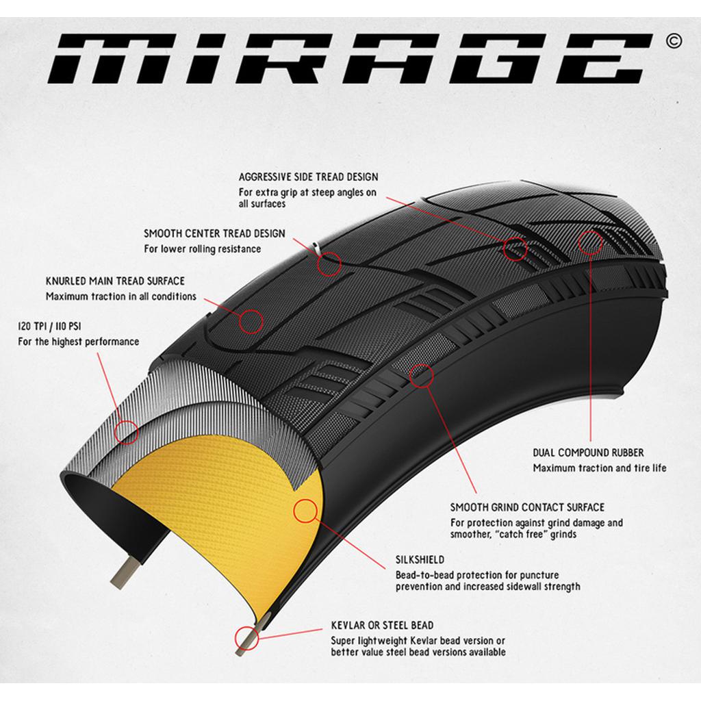 The Eclat Mirage Folding Tyre features a high-performance 120tpi casing, a Silkshiledin protection layer, tread design with compound rubber, smooth center tread, and Kevlar/steel bead to enhance grip, durability, and performance.