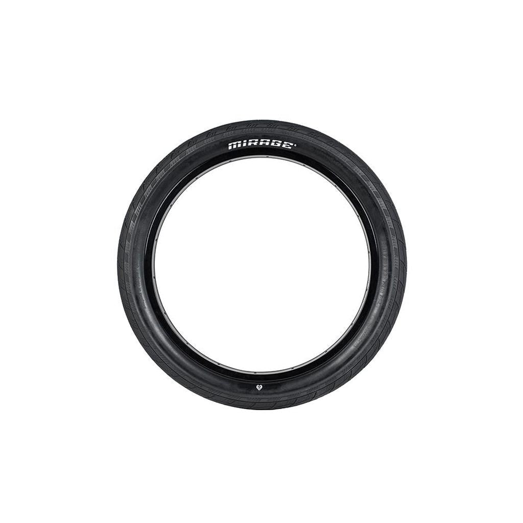 A black Eclat Mirage Folding Tyre, showcasing the brand prominently at the top and featuring a high-performance 120tpi casing with Silkshiledin protection, is displayed against a pristine white background.