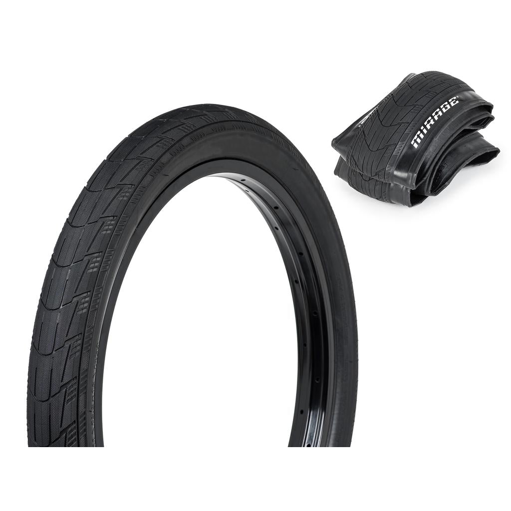 The Eclat Mirage Folding Tyre, perfect for street riders, is shown with a spare. It features a sleek black finish and distinctive tread pattern.