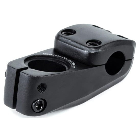 The Eclat Onyx Stem (22.2mm Clamp) is a BMX stem with a four-bolt faceplate and two-bolt clamp for mounting handlebars to the fork steerer tube, featuring advanced cold forging for superior strength and durability.