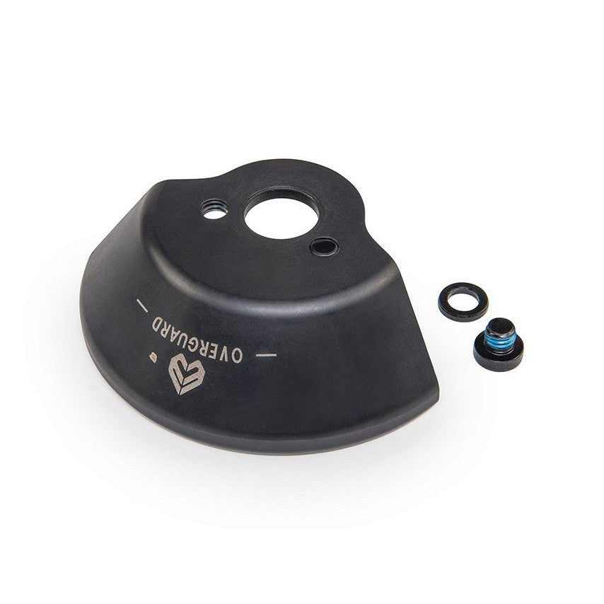 The Eclat Overguard Steel Universal 14mm Hub Guard, CNC machined from durable chromoly, is shown on a white background with two smaller components beside it for complete protection.