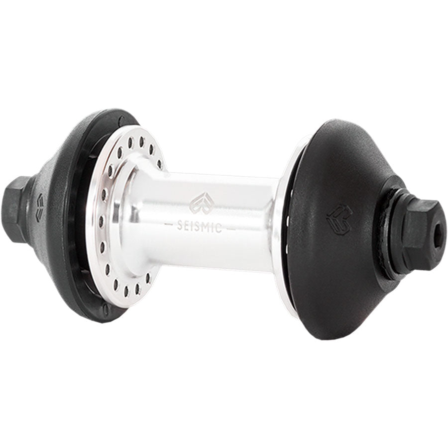 A bicycle wheel with a black and silver rim, featuring the Eclat Seismic Front Hub.