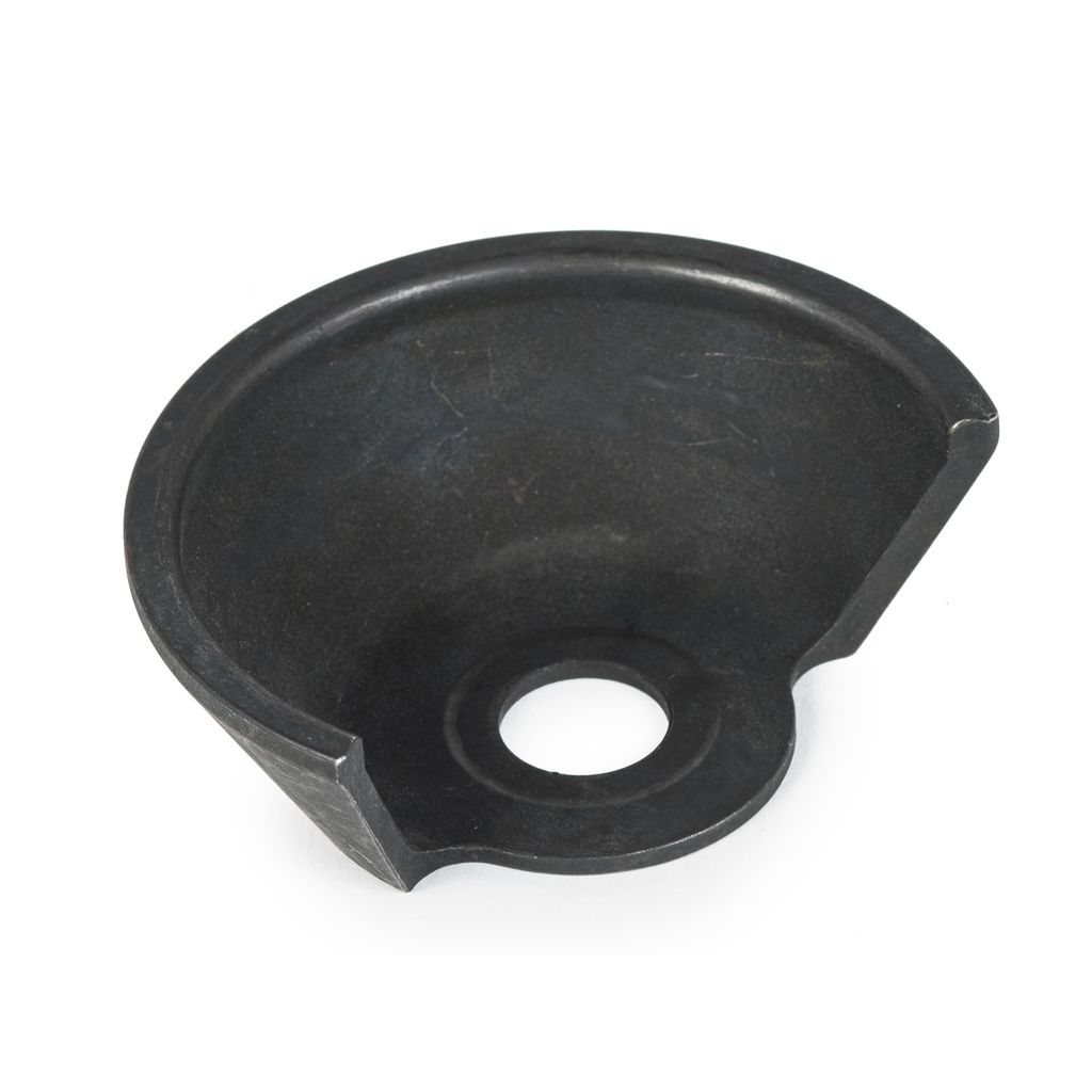 The Eclat Servo Universal Driver Side Hub Guard is a black, semi-circular Chromoly metal part featuring a central hole and a small notched section on its edge.