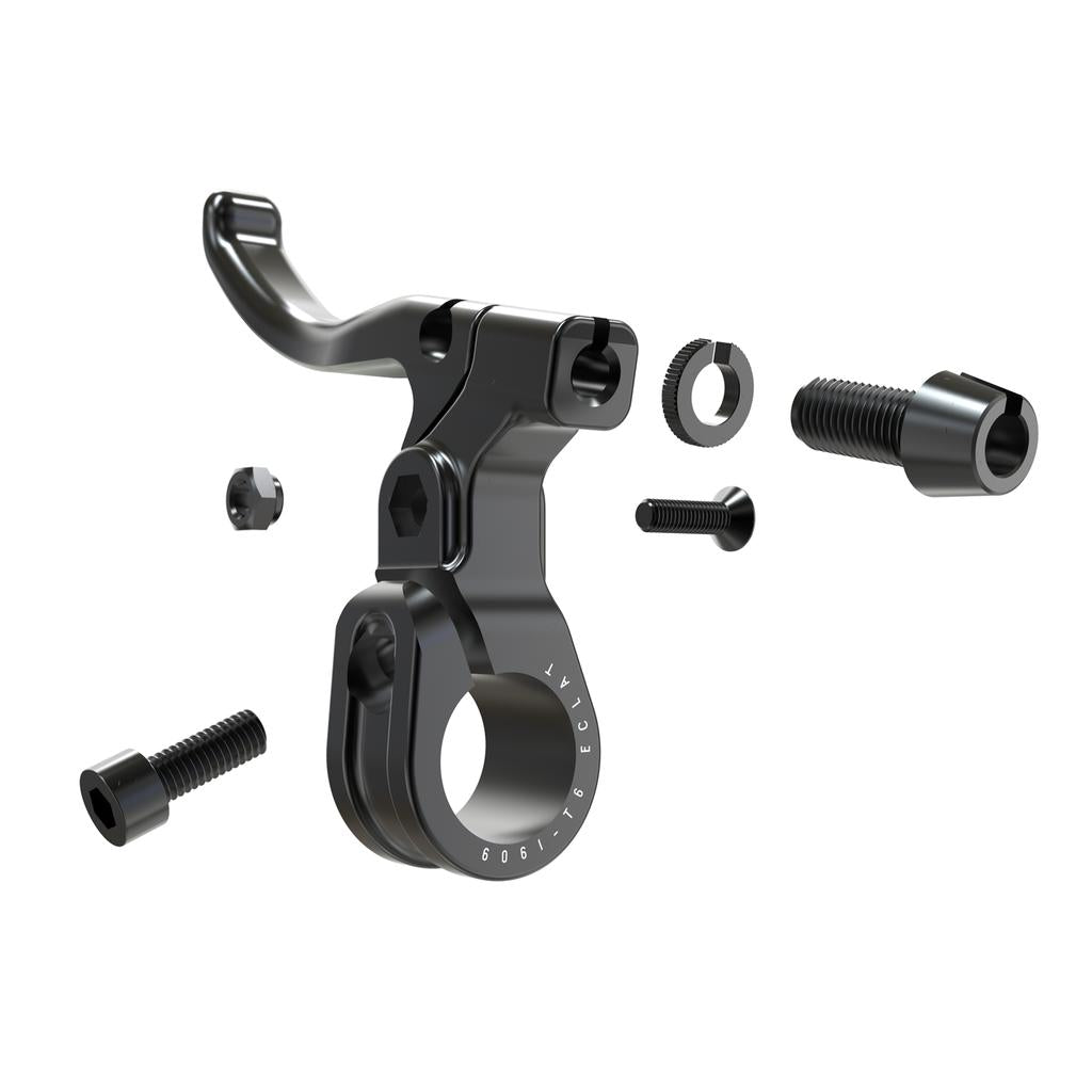 The Eclat Sniper V2 U Brake Lever, shown in black with mounting screws and hardware, is an adjustable bicycle handlebar clamp with a lever displayed against a white background.