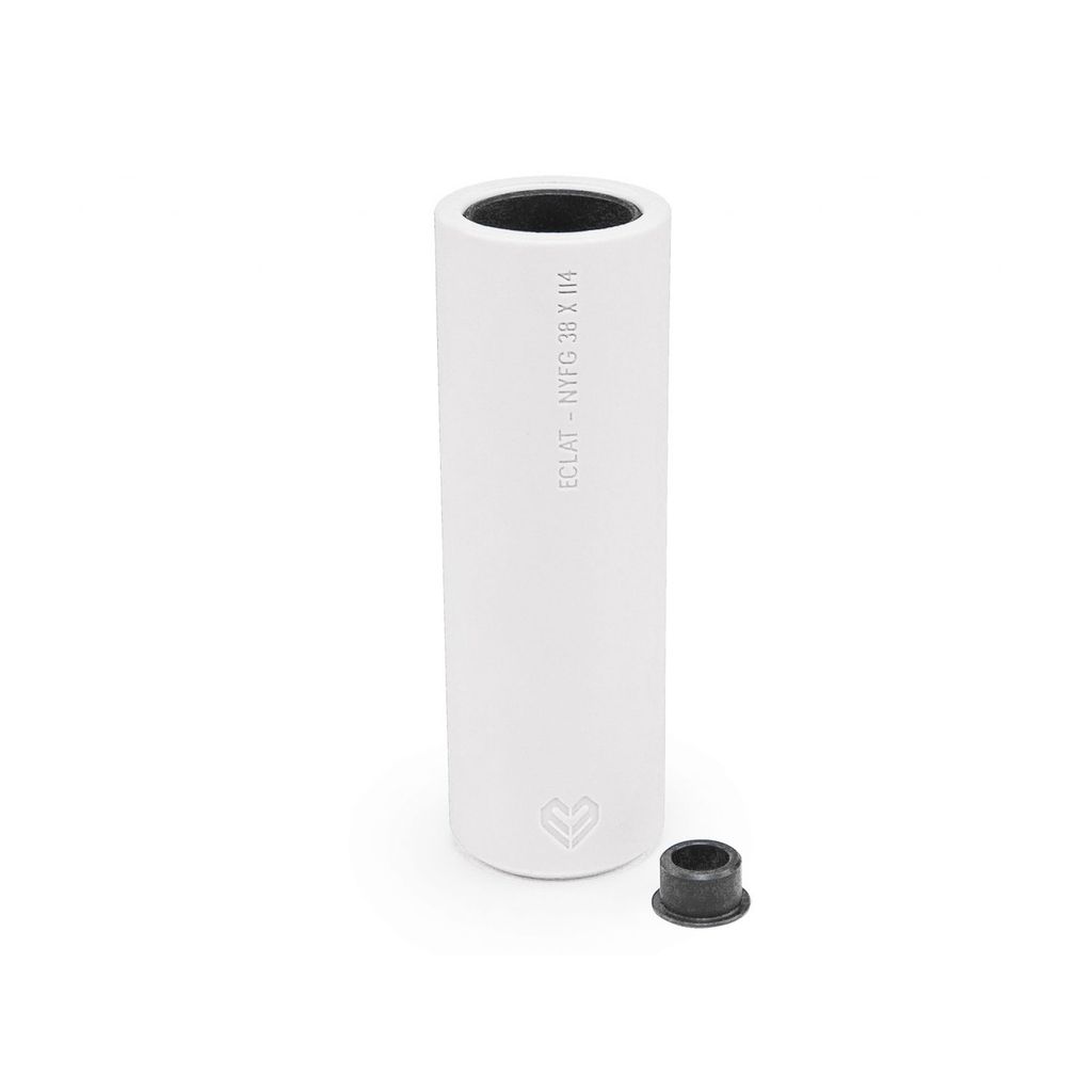 A white tube with a black cap, made of steel or plastic, containing the Eclat Venom 114mm (4.5 Inch) Peg (Each).