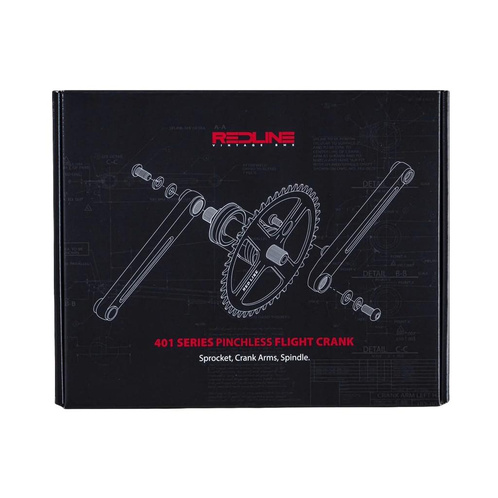 Black box with a technical line drawing of the Redline Vintage Flight 401 Pinchless Crank Set and Redline logo—a classic tribute to 1980s BMX racing and the legendary Flight Crank.