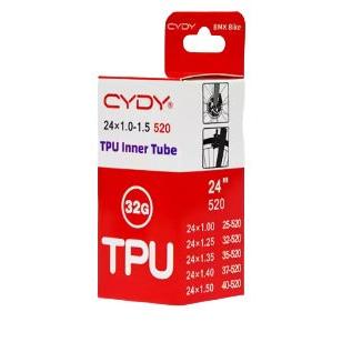 The CYDY TPU 24x1-1/8 to 1-3/8 (520) inch inner tube has red and white packaging, fits BMX bikes with tire sizes 24 x 1-1/8 to 1-3/8, includes product specs, weight info, and features a Presta valve for easy inflation.
