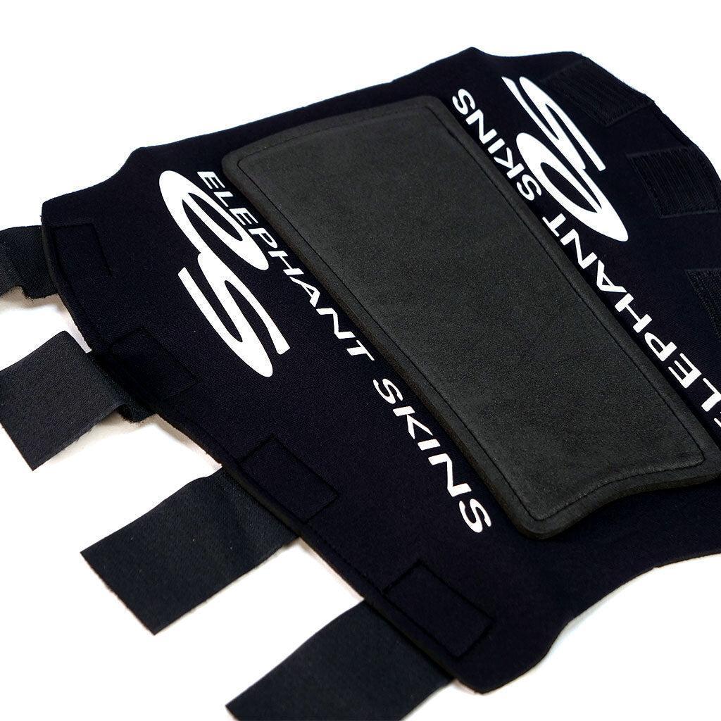 Elephant Skins Shin Pads (Pair): Black protective pads with rectangular cushioning and multiple Velcro straps, branded "Elephant Skins." Lightweight, perfect for riding, and offer protection similar to traditional shin pads.