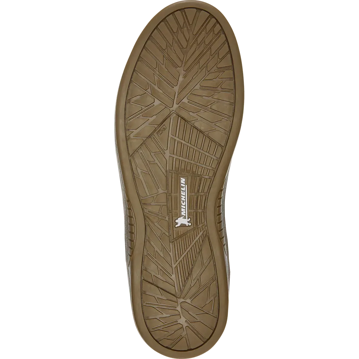 Close-up of the Etnies Marana Michelin Shoe sole in Brown/Black/Gum, displaying a geometric tread pattern and the word "Michelin" in white. Specifically designed for skateboarders, this sole utilizes Michelin performance rubber to offer exceptional durability and grip.