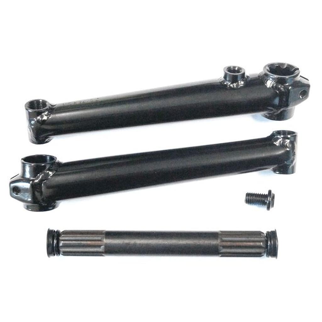 The Generic Three Piece Crank Set, featuring black metal 8-spline cranks, a spindle, and a single bolt on a white background, is perfect for upgrading your BMX crankset.
