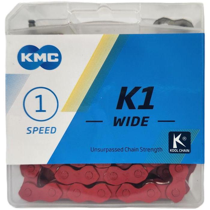 A package of KMC K1 Chain (Wide) / 112L, renowned for unsurpassed strength, ideal for single-speed bike chain replacement.