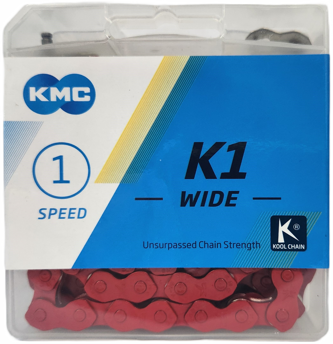 A package of KMC K1 Chain (Wide) / 112L, renowned for unsurpassed strength, ideal for single-speed bike chain replacement.