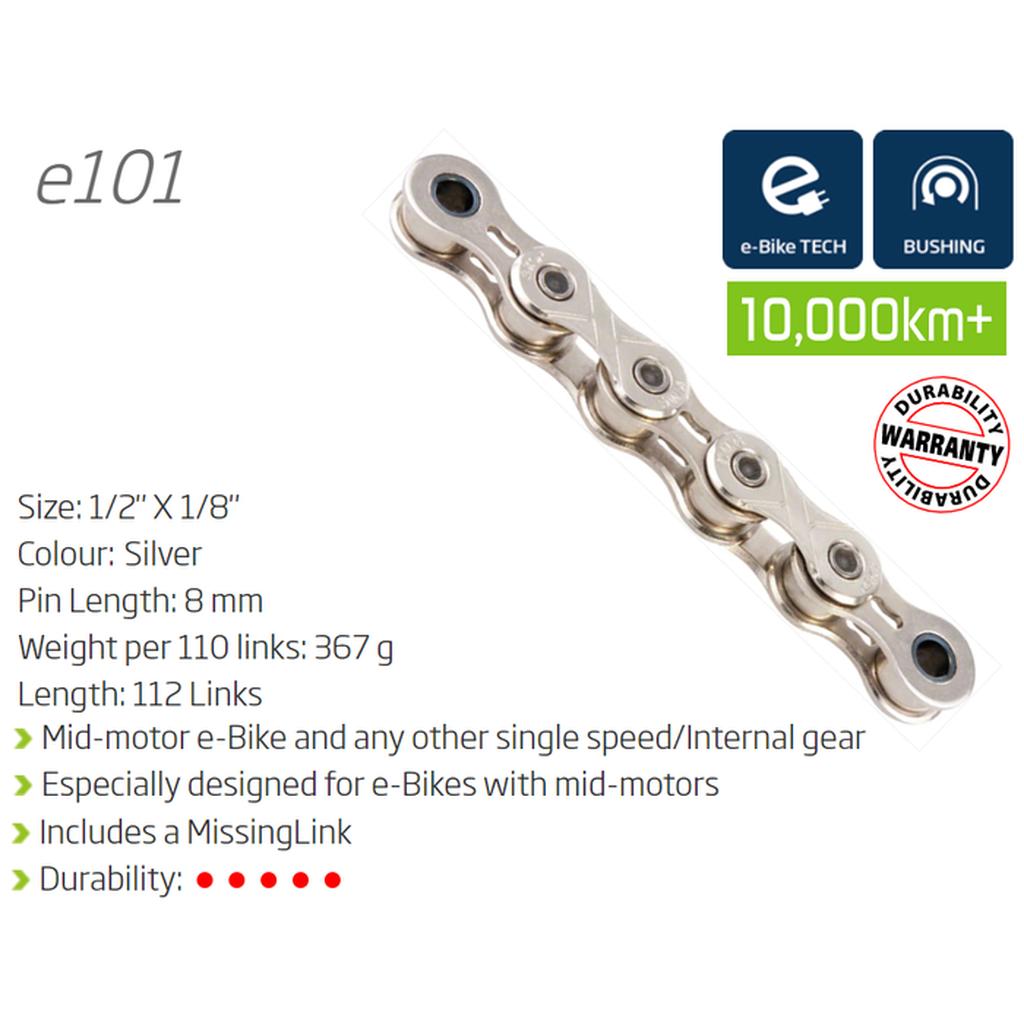 Close-up of KMC E101 Chain (1/8 Inch): 1/2" x 1/8", 112 links, 8mm pin, 367g, for single speed mid-motor e-bikes; includes MissingLink and rated for over 10,000km durability.