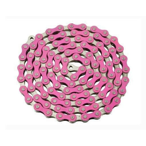The YBN S-410 Full Link Chain, featuring alternating pink and silver links, is coiled in a spiral pattern on a white background.