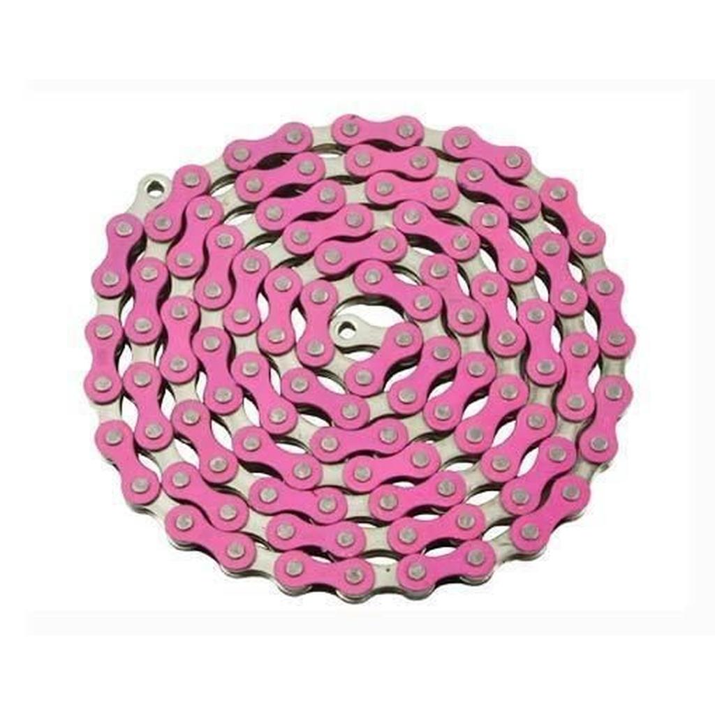 The YBN S-410 Full Link Chain, featuring alternating pink and silver links, is coiled in a spiral pattern on a white background.