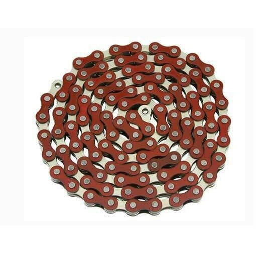The YBN S-410 Full Link Chain features red outer plates and silver inner links, and is displayed coiled in a spiral on a white background.