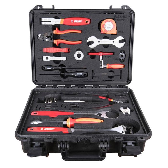 The Unior 34 Piece Bicycle Tool Set comes in a black hard case with organized red and black-handled tools, including wrenches, pliers, screwdrivers, and a tape measure—ideal for bike maintenance.
