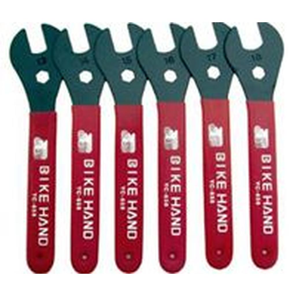 The Cone Spanner Set (6 Pack) features six red-handled wrenches of various sizes, each labeled with a different millimeter measurement and "Bike Hand," perfect for precise bike repairs.
