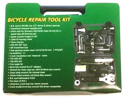 Bike Repair Tool Kit - 21 Piece Set in a black case with various repair tools and a yellow label listing included items and compatible parts.