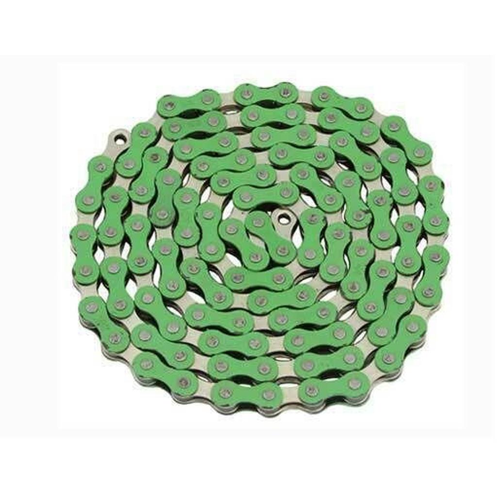 A YBN S-410 Full Link Chain in green is coiled in a flat, circular spiral on a white background.