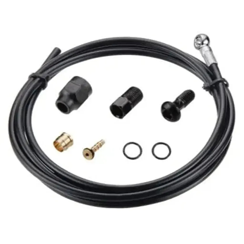 Tektro/TRP Banjo Disc Brake Hose kit, featuring connectors, fittings, and O-rings, displayed on a white background.