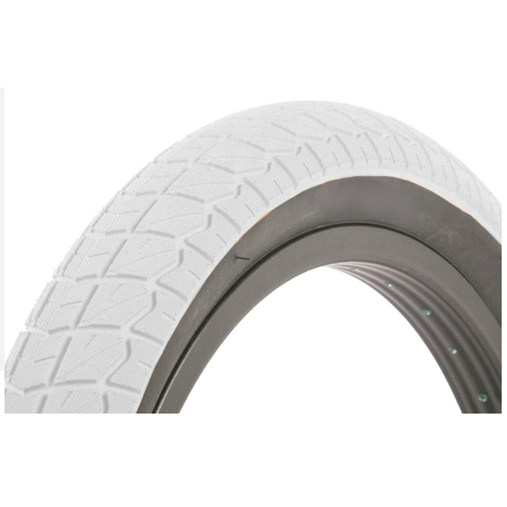 Close-up of a Duro 20 Inch Tyre, featuring a white finish with textured tread and a black rim, displayed against a white background—ideal for riders looking for affordable bicycle tyres.