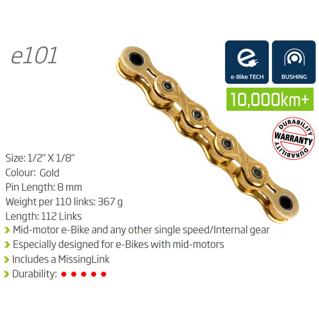 The KMC E101 Chain (1/8 Inch) is a gold, 112-link e-bike chain (1/2" x 1/8", 367g), durable for over 10,000 km. Ideal for single speed and mid-motor e-bikes. Includes MissingLink.