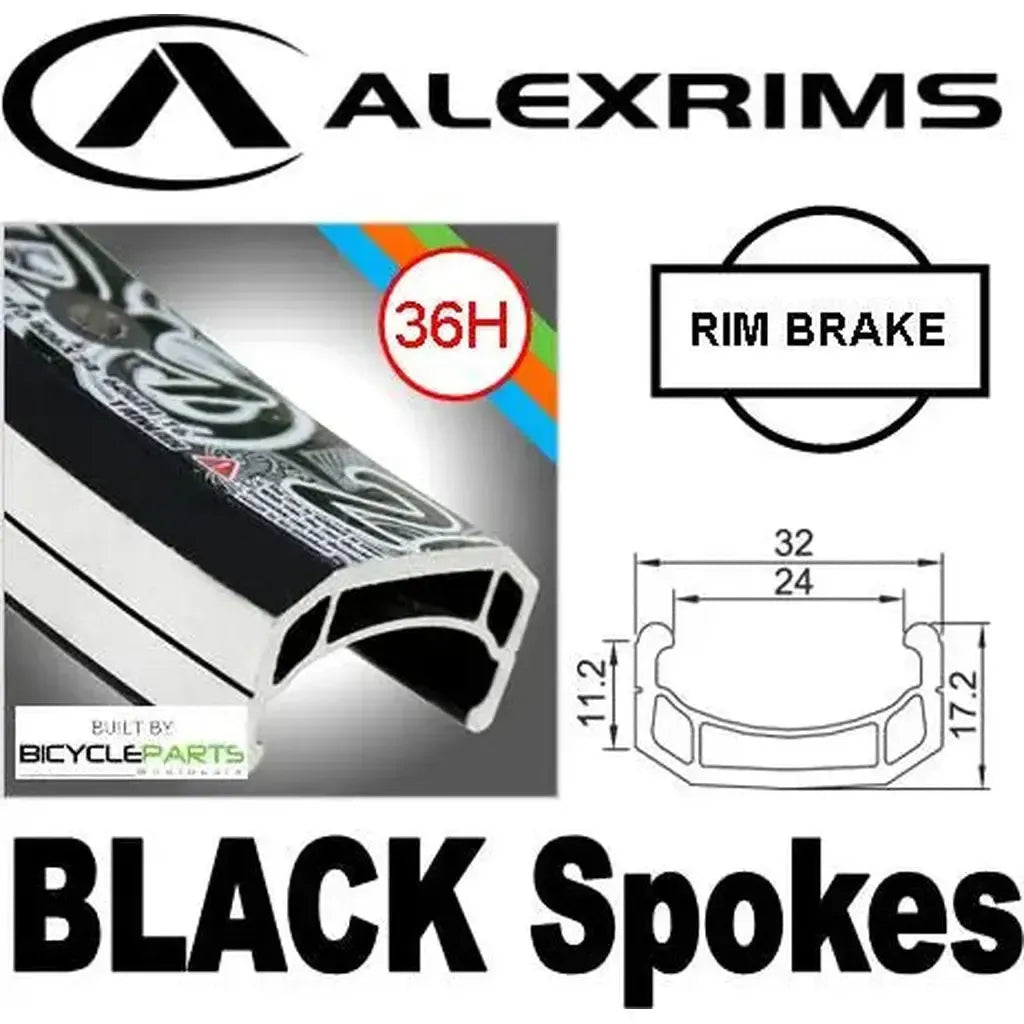 Cross-section view of a black 26″ Alex DM-24 36H Black Rim, Flip Flop 3/8 Nutted (110mm OLD) Loose Ball Black Hub, Mach 1 Black Spokes, showing technical dimensions and a rim brake compatibility icon.
