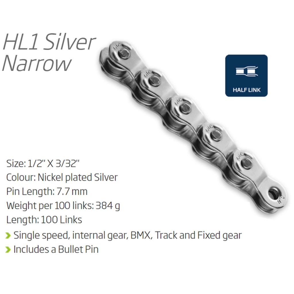 The KMC HL1 Narrow Chain (3/32 inch) features 100 nickel-plated silver links with a half-link design, ideal as a single speed chain for BMX, track, fixie, and internal gear bikes. Includes bullet pin.