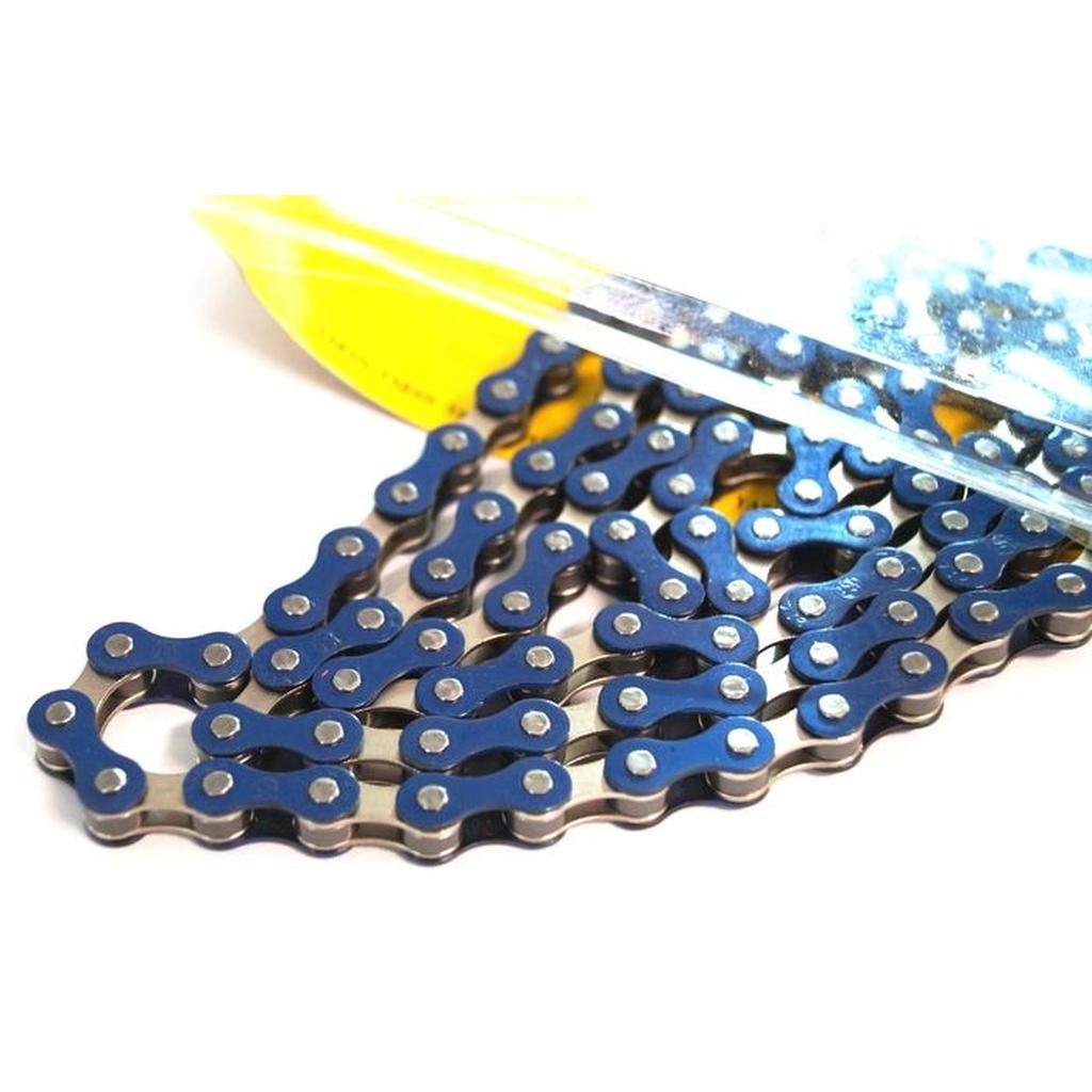 Close-up of a blue YBN S-410 Full Link Chain partially removed from clear plastic packaging on a white surface.