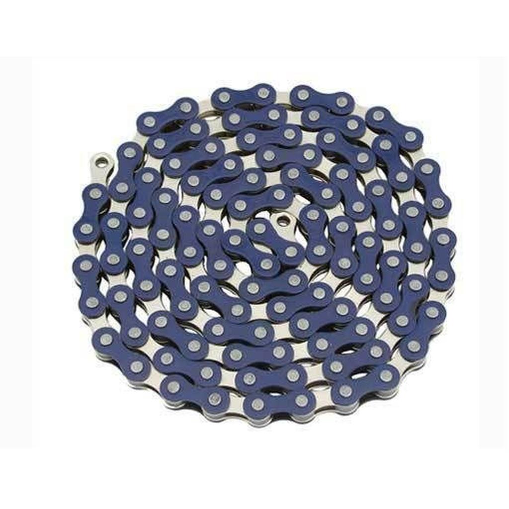 A YBN S-410 Full Link Chain, featuring alternating blue and silver links, is coiled in a spiral on a white background.