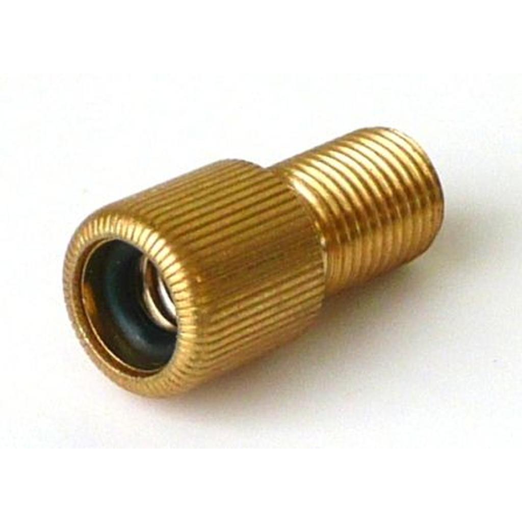 Presta To Schrader Valve Adaptor (Each) for bicycle tires, perfect for use with a servo pump; made of brass and displayed on a white background.