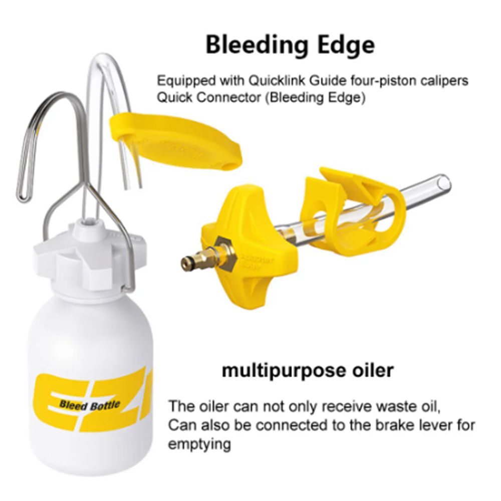 The EZ MTB Universal Bleed Kit - Workshop Model features a white bleed bottle, yellow lid and connector, plus metal hook—perfect for hydraulic disc or Shimano brake bleeds. Includes text instructions for oil flow and brake lever connection.