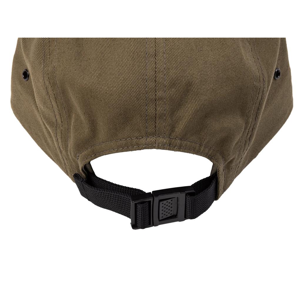 Close-up of the back of a Fairdale Banner Camper Cap in olive green, featuring a black adjustable strap and plastic buckle.