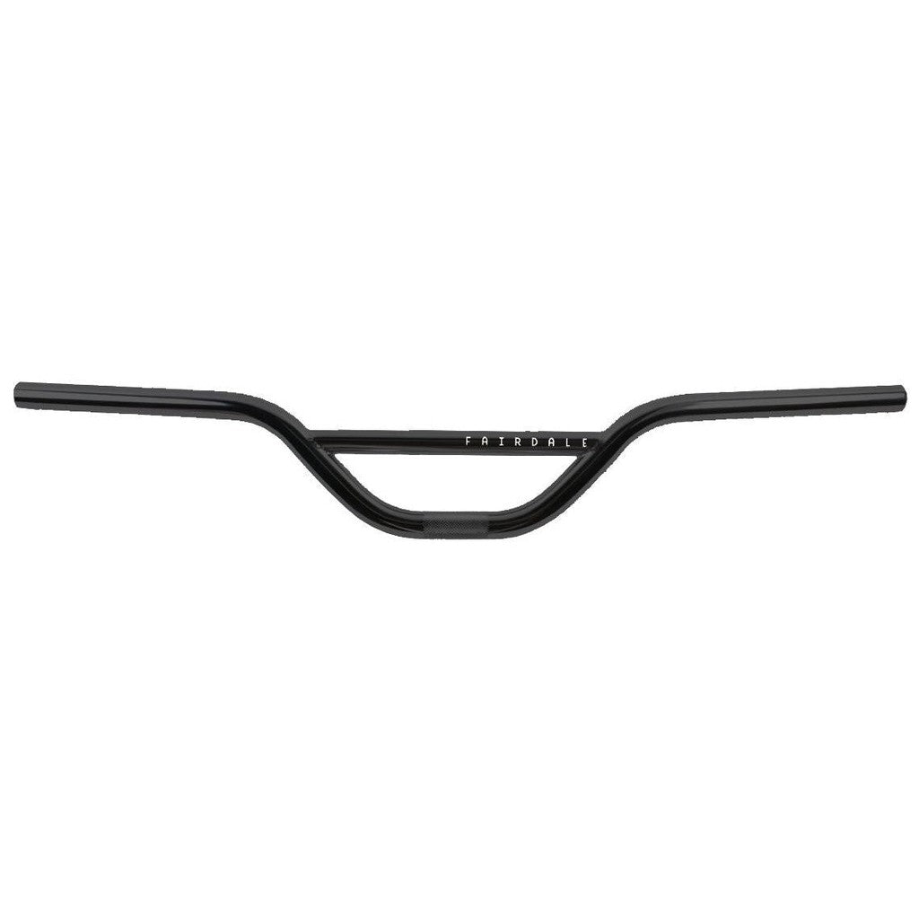 The Fairdale MX-4 Bars are black chromoly handlebars with a slight rise and "FAIRDALE" printed in white at the center, inspired by classic BMX style.