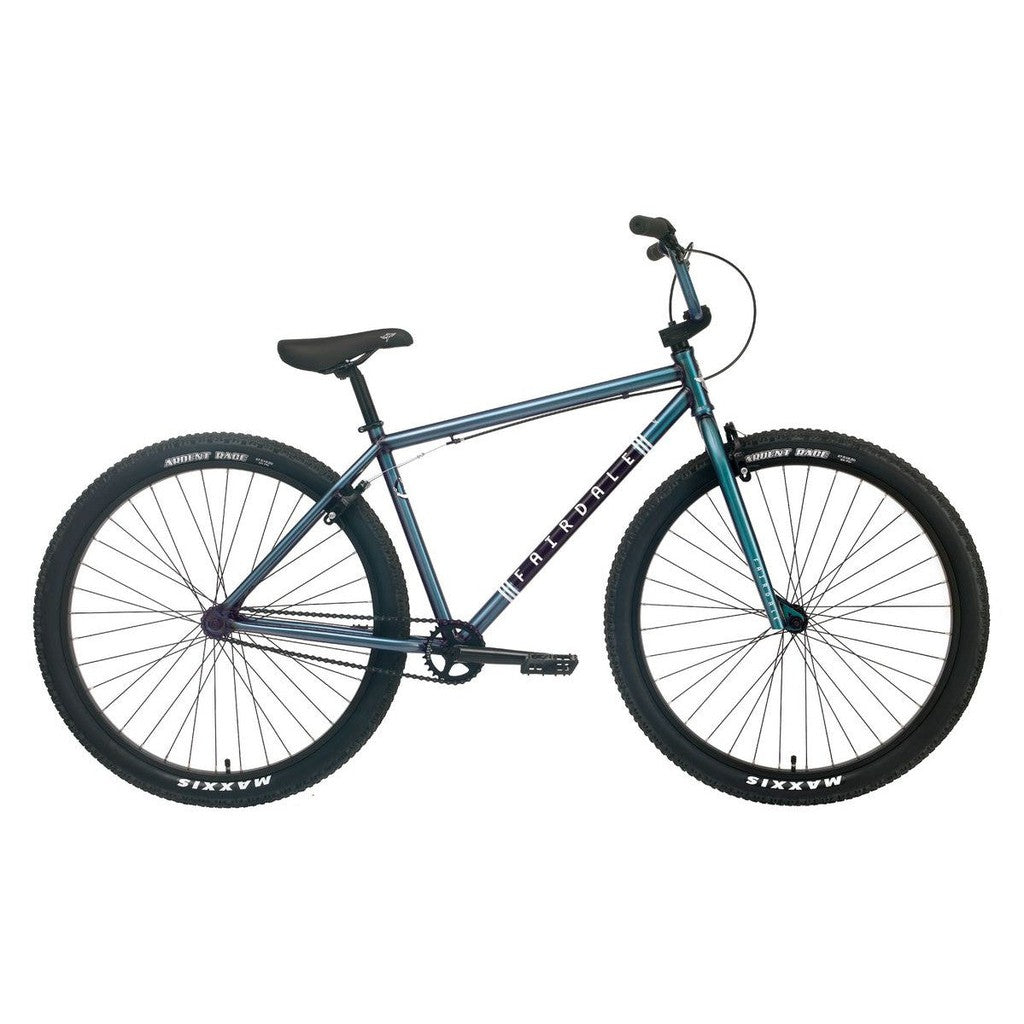 The Fairdale Taj 27.5 Inch Bike (2022) in blue and black, featuring a chromoly frame, straight handlebar, black saddle, and large tires, is displayed in a side profile against a white background.